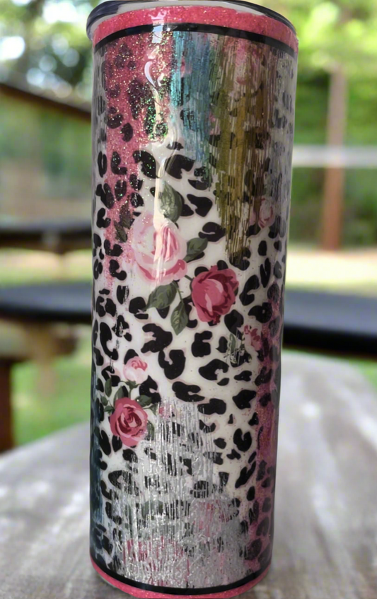 20oz Glitter Tumbler-Leopard Roses