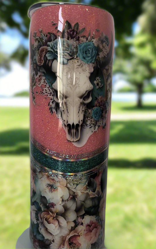 30oz Glitter Tumbler-Floral Cow Skull