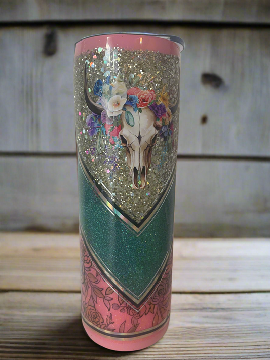 30oz Glitter Tumbler - Cow Skull &  Flowers